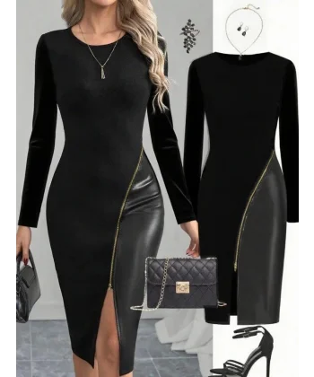 Kadın Bisiklet Yaka Uzun Kollu Deri Ve Fermuar Detay Mini Yırtmaçlı Elbise