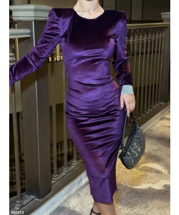 Kadın Bisiklet Yaka Vatkalı anşet Detay Kadife Kumaş idi Boy Elbise