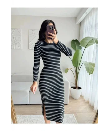 Kadın Bisiklet Yaka  Yırtmaç Detay Çizgili Elbise