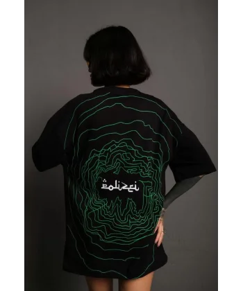 Kadın Bisiklet Yakalı Sırt Baskılı Oversize T-Shirt - Siyah