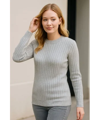 Kadın Bisiklet Yuvarlak Yaka Triko Kazak Pamuklu Kalın Fitilli Dokuma, Regular Fit Uzun Kollu Kışlık Model - Gri