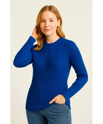 Kadın Bisiklet Yuvarlak Yaka Triko Kazak Pamuklu Kalın Fitilli Dokuma, Regular Fit Uzun Kollu Kışlık Model - Saks Mavisi