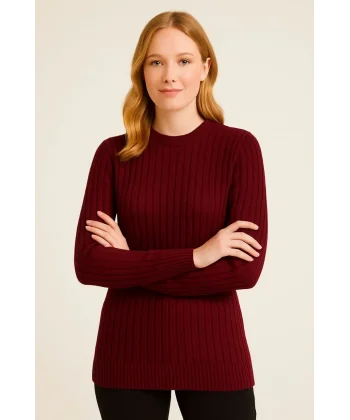 Kadın Bisiklet Yuvarlak Yaka Triko Kazak Pamuklu Kalın Fitilli Dokuma, Regular Fit Uzun Kollu Kışlık Model - Bordo