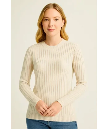 Kadın Bisiklet Yuvarlak Yaka Triko Kazak Pamuklu Kalın Fitilli Dokuma, Regular Fit Uzun Kollu Kışlık Model - Bej