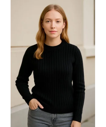 Kadın Bisiklet Yuvarlak Yaka Triko Kazak Pamuklu Kalın Fitilli Dokuma, Regular Fit Uzun Kollu Kışlık Model - Siyah