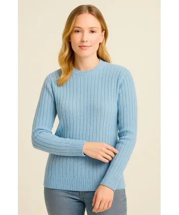 Kadın Bisiklet Yuvarlak Yaka Triko Kazak Pamuklu Kalın Fitilli Dokuma, Regular Fit Uzun Kollu Kışlık Model - Bebe Mavisi