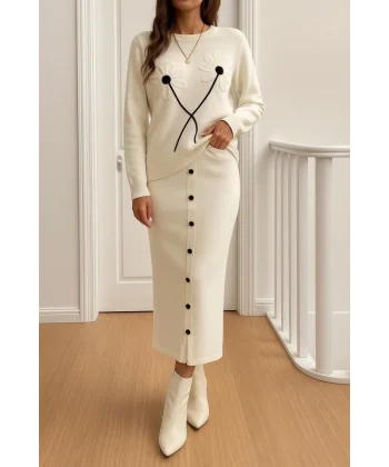 Kadın Bluz çiçek Desenli Detay Etek Düğme Detay   ıkılı Takım