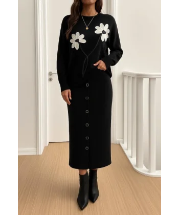 Kadın Bluz çiçek Desenli Detay Etek Düğme Detay   ıkılı Takım