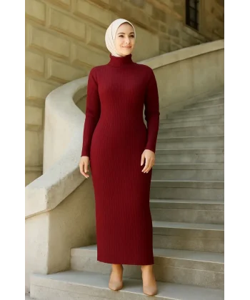 Kadın Boğazlı Uzun Fitilli Tesettüre Uygun Triko Dokuma Elbise - Bordo