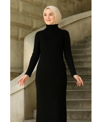 Kadın Tesettür Triko Elbise – Boğazlı Uzun Fitilli Dokuma, Esnek Tam Kalıp, 130 cm Midi Boy, Bahar & Kış Şık Rahat Stil - Siyah