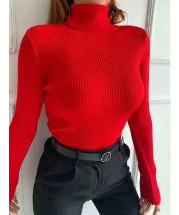 Kadın Boğazlı Uzun Fitilli Triko Dokuma Badi - Kırmızı