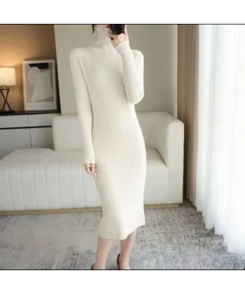Kadın Boğazlı Uzun Fitilli Triko Dokuma Elbise - Beyaz