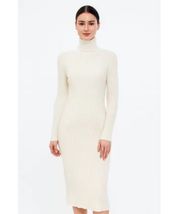 Kadın Boğazlı Triko Elbise – Uzun Fitilli Esnek Dokuma, Tam Kalıp, Kışlık & Baharlık Şık Rahat Stil, 130 cm Midi Boy Elbise - Beyaz