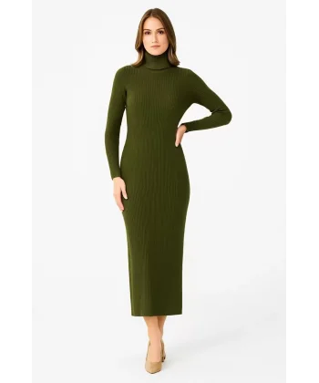 Kadın Boğazlı Triko Elbise – Uzun Fitilli Esnek Dokuma, Tam Kalıp, Kışlık & Baharlık Şık Rahat Stil, 130 cm Midi Boy Elbise - Haki