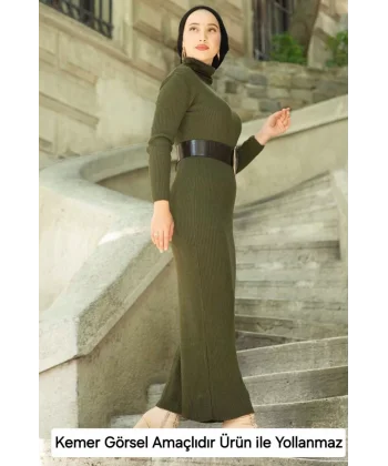 Kadın Boğazlı Uzun Fitilli Triko Dokuma Elbise - Haki