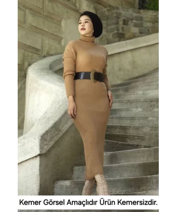 Kadın Boğazlı Uzun Fitilli Triko Dokuma Elbise - Kahverengi