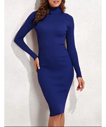 Kadın Boğazlı Uzun Fitilli Triko Dokuma Elbise - Mavi