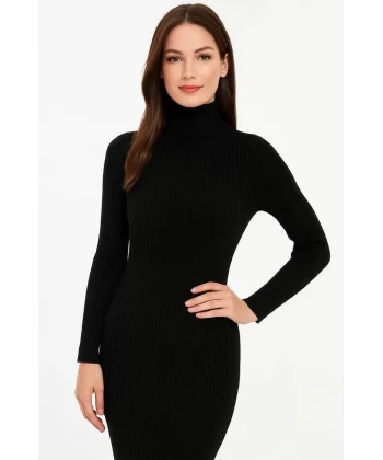 Kadın Boğazlı Triko Elbise – Uzun Fitilli Esnek Dokuma, Tam Kalıp, Kışlık & Baharlık Şık Rahat Stil, 130 cm Midi Boy Elbise - Siyah