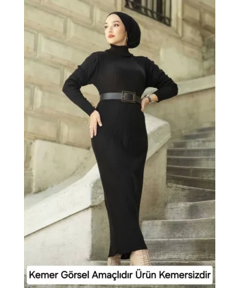 Kadın Boğazlı Uzun Fitilli Triko Dokuma Elbise - Siyah