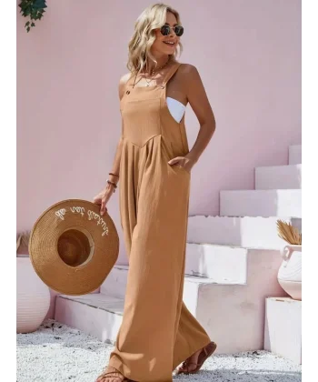 Kadın Bol Paça Keten Salopet Tulum