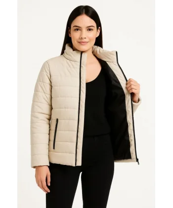 Kadın Bomber Mont Ceket – Su İtici Kumaş, Kapitone Astarlı, Fermuarlı, Kışlık - Bej