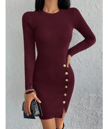 Kadın Bordo Uzun Kollu Bisiklet Yaka Yan Yırtmaç Düğme Detay Kısa Kaşkorse Elbise