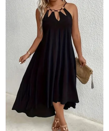 Kadın Boyundan Askılı Damla Detaylı Halkalı Asimetrik Kesim Viskon Elbise