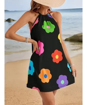 Kadın Boyundan Askılı Kolsuz çiçek Desenli Süprem Elbise