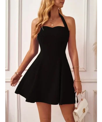 Kadın Boyundan Askılı Sırtı Açık Ithal Krep Mini Elbise