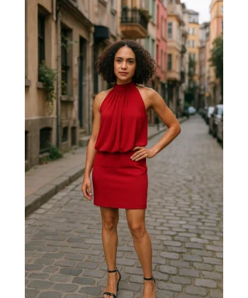 Kadın Boyundan Bağlamalı Şifonlu Kolsuz Fırsat Ürün Diz Üstü Elbise