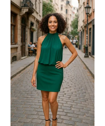 Kadın Boyundan Bağlamalı Şifonlu Kolsuz Fırsat Ürün Diz Üstü Elbise