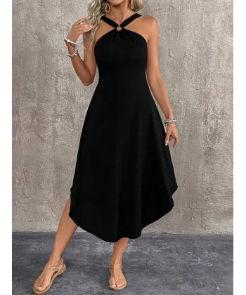 Kadın Boyundan çapraz Askılı Halka Detaylı Asimetrik Kesim Viskon Elbise