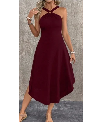 Kadın Boyundan çapraz Askılı Halka Detaylı Asimetrik Kesim Viskon Elbise