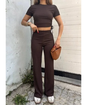 Kadın Buble Kumaş Büzgü Detaylı Crop Ve Patolon Ikili Takım