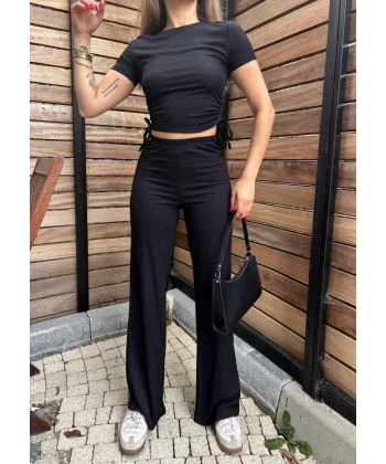 Kadın Buble Kumaş Büzgü Detaylı Crop Ve Patolon Ikili Takım