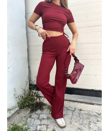 Kadın Buble Kumaş Büzgü Detaylı Crop Ve Patolon Ikili Takım