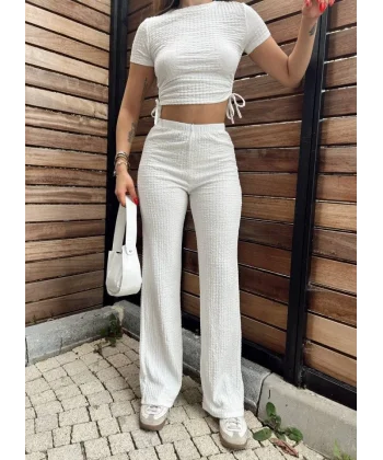 Kadın Buble Kumaş Büzgü Detaylı Crop Ve Patolon Ikili Takım