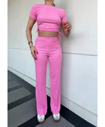 Kadın Buble Kumaş Büzgü Detaylı Crop Ve Patolon Ikili Takım