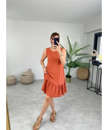 Kadın Bürümcük Kumaş Eteği Fırfır Detaylı Sıfır Kol Elbise