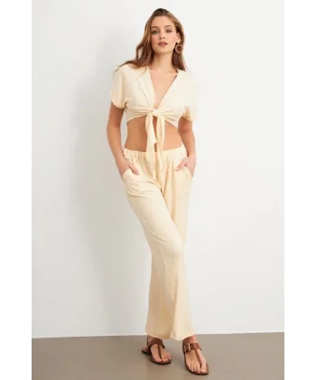 Kadın Bürümcük Kumaş Pantolonlu Takım