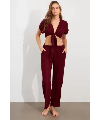 Kadın Bürümcük Kumaş Pantolonlu Takım