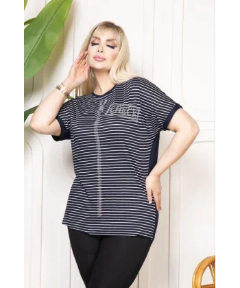 Kadın Büyük Beden Çizgili Taş Detaylı Kısa Kollu Likralı Viskon Tişört - Lacivert