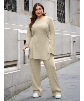 Kadın Büyük Beden Ispanyol Kol Yanı Yırtmaçlı Tunik Ve Pantolon Ikili Takım