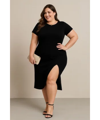 Kadın Büyük Beden Kısa Kollu Yanı Yırtmaçlı Bisiklet Yaka Viskon Elbise