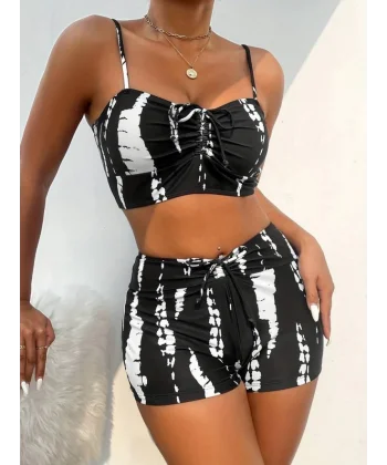 Kadın Büzgü Detay Askılı Crop Mini Tayt Ikili Takım