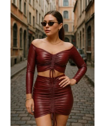 Kadın Büzgülü Deri Etek Takım Fırsat Ürün