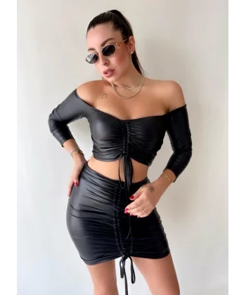 Kadın Büzgülü Deri Etek Takım Fırsat Ürün