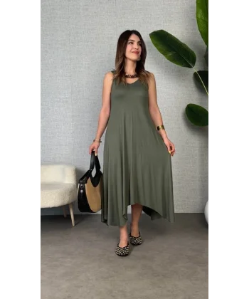 Kadın çan Dokuma Kumaş V Yaka Asimetrik Kesim Elbise