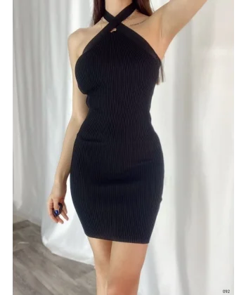 Kadın Çapraz Halter Yaka Detay Triko Mini Elbise