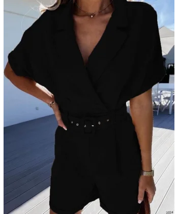 Kadın Ceket Yaka Pileli Kemer Dahil şort Tulum